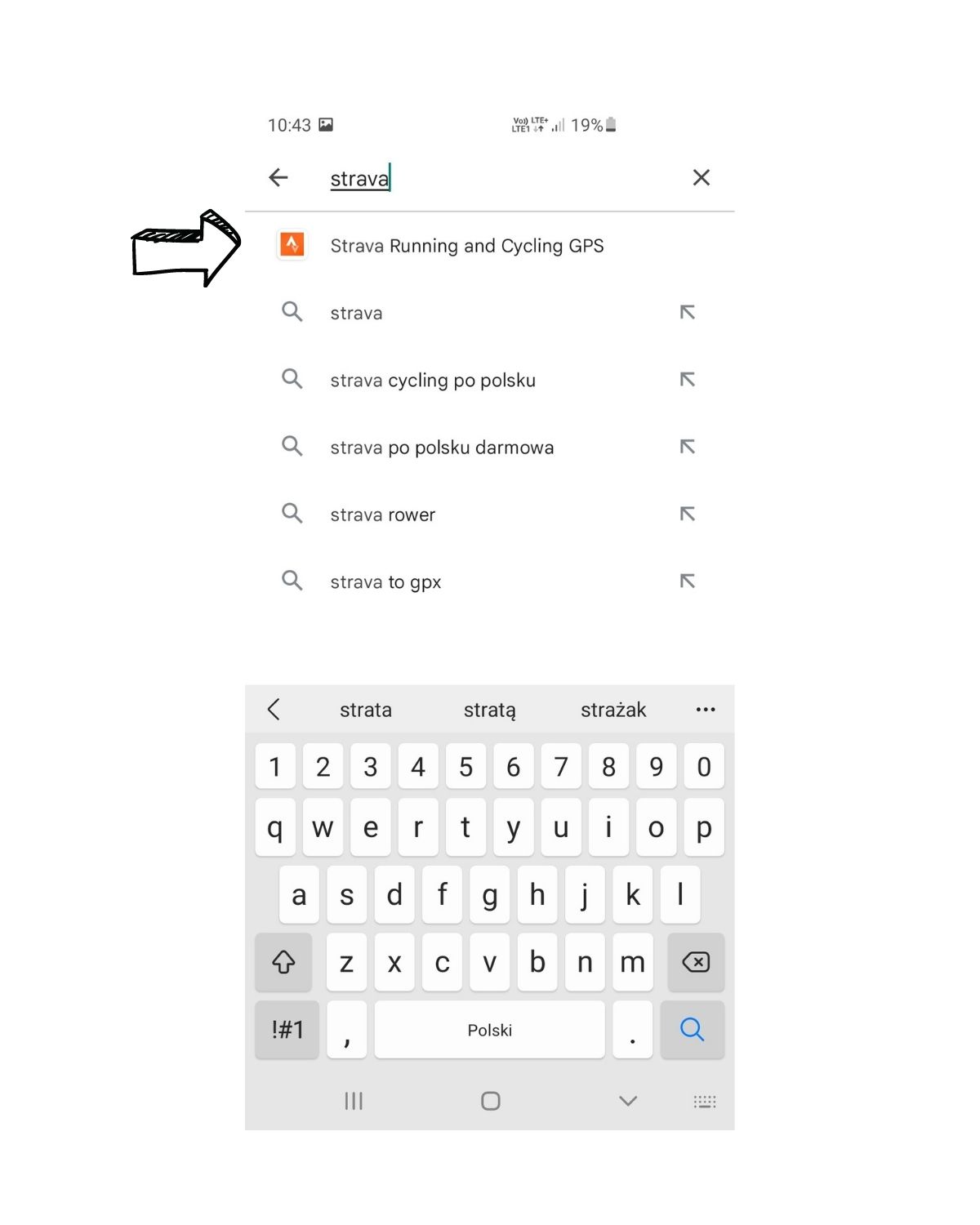 Zrzut ekranu: wyszukiwanie Stravy w sklepie Google Play