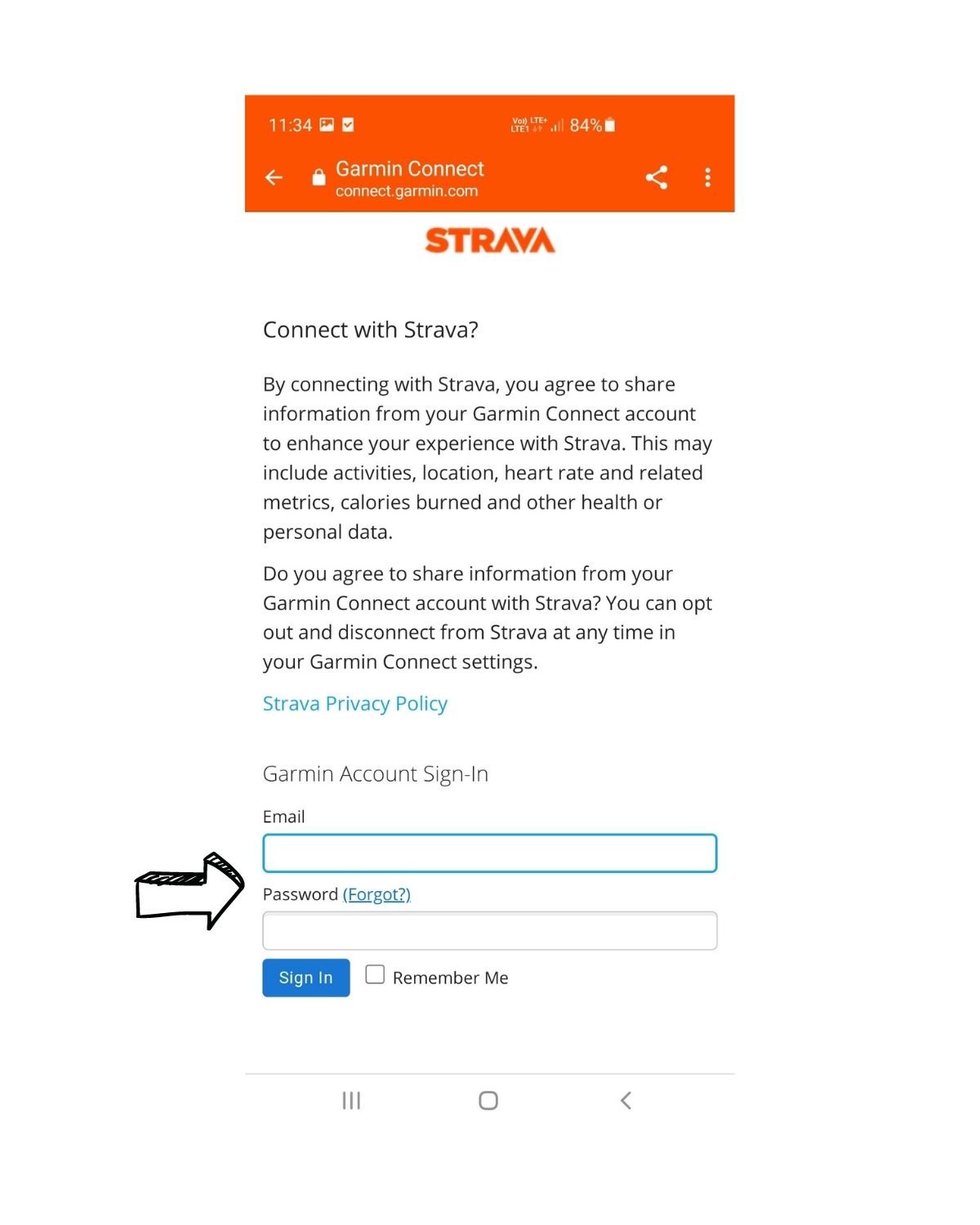 Zrzut ekranu: logowanie się w aplikacji Strava do serwisu Garmin Connect