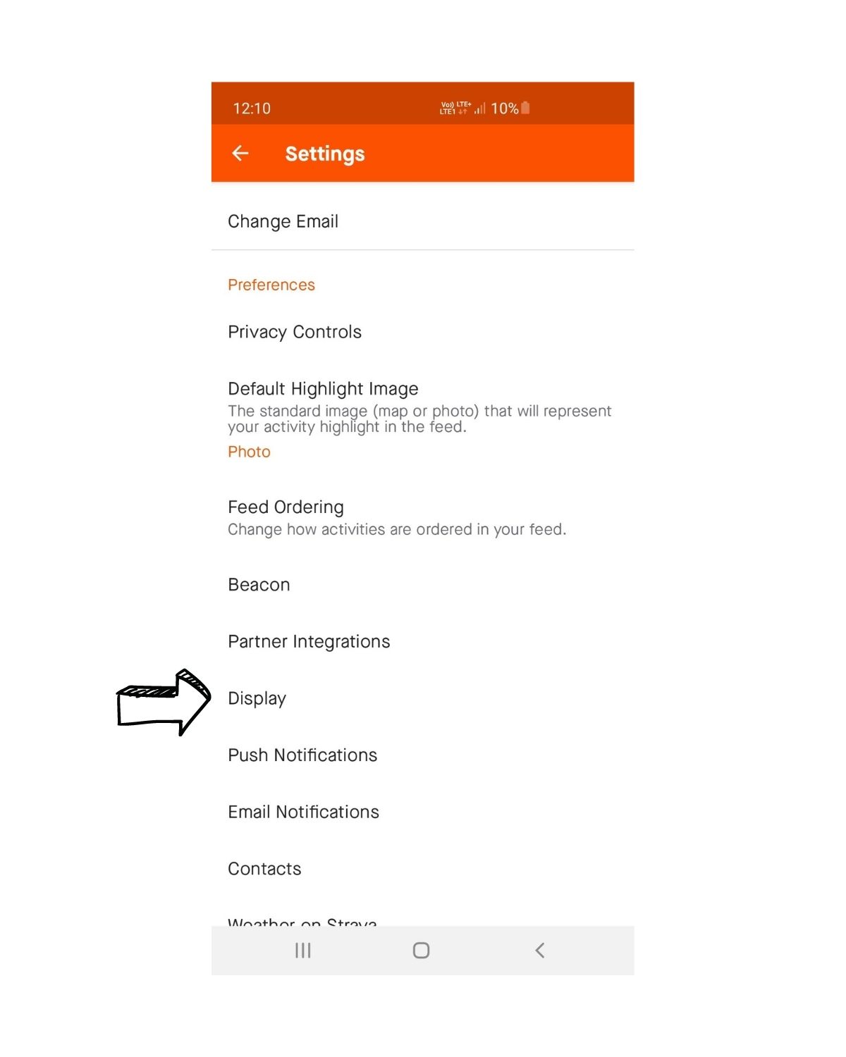 Zrzut ekranu: wybór opcji wyświetlania w aplikacji Strava
