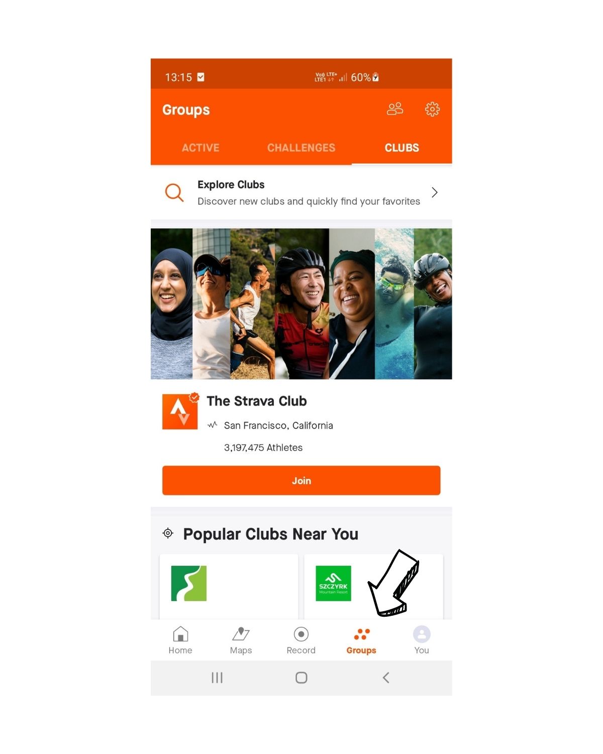 Zrzut ekranu: wyszukiwanie grup w aplikacji Strava