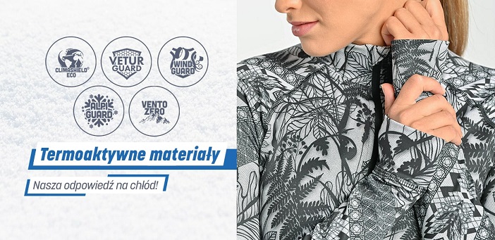 Grafika prezentująca 5 termoaktywnych materiałów Nessi Sportswear.